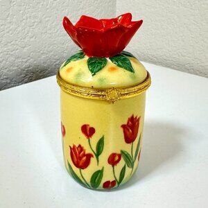 VTG Bombay Co Porcelain Victorian Floral Tulip Trinket Box Hinged Lid w/ Candle